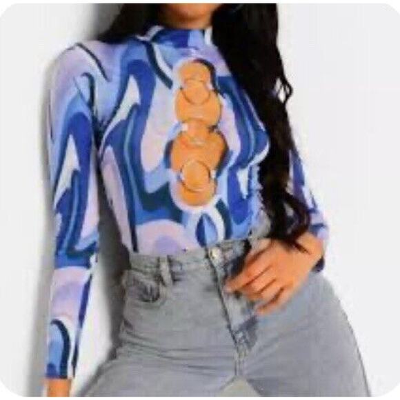 NWT Boohoo Blue Marble Open Ring Front Long Sleeve Bodysuit Women’s Size US 12 - Picture 1 of 8